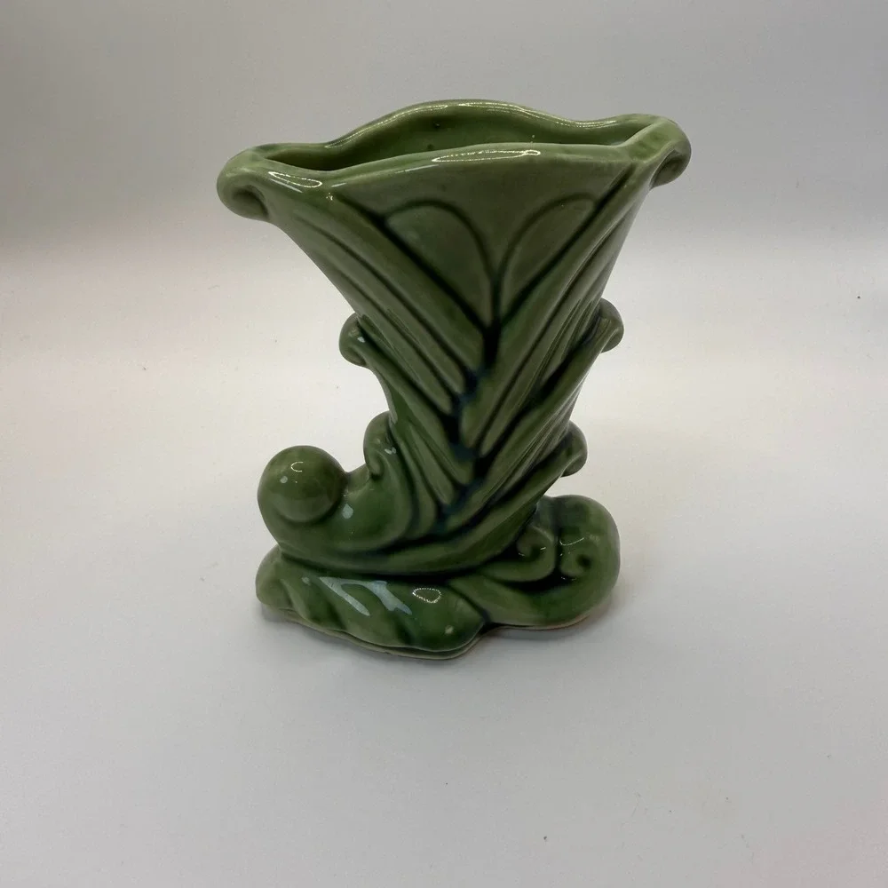 Vintage Green Glazed Ceramic Cornucopia Vase Art Deco USA 835 Mid Century 5in